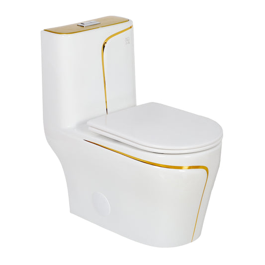 Luxury One-Piece Toilet - Glossy White with Gold Accents