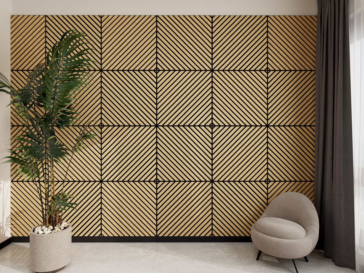 MDF Diagonal Acoustic Wall Panel - Natural Light Wood (600 X 600 X 21mm)