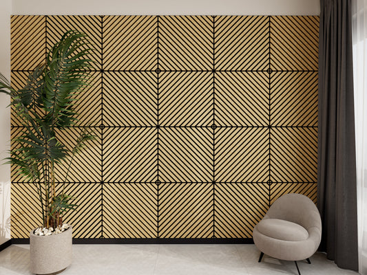 MDF Diagonal Acoustic Wall Panel - Natural Light Wood (600 X 600 X 21mm) - Set of 4 Panels / Panneaux