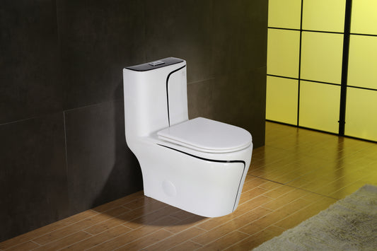 Luxury One-Piece Toilet - Glossy White with Black Accents
