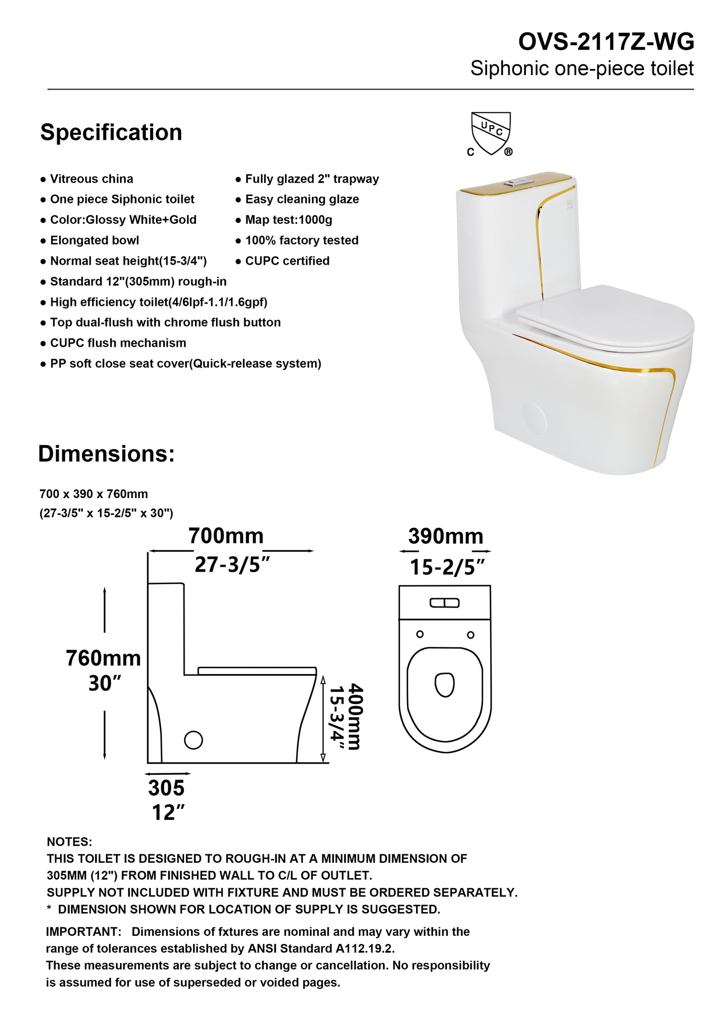 Luxury One-Piece Toilet - Glossy White with Gold Accents