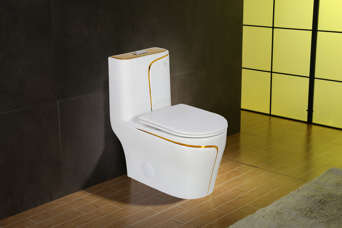 Luxury One-Piece Toilet - Glossy White with Gold Accents